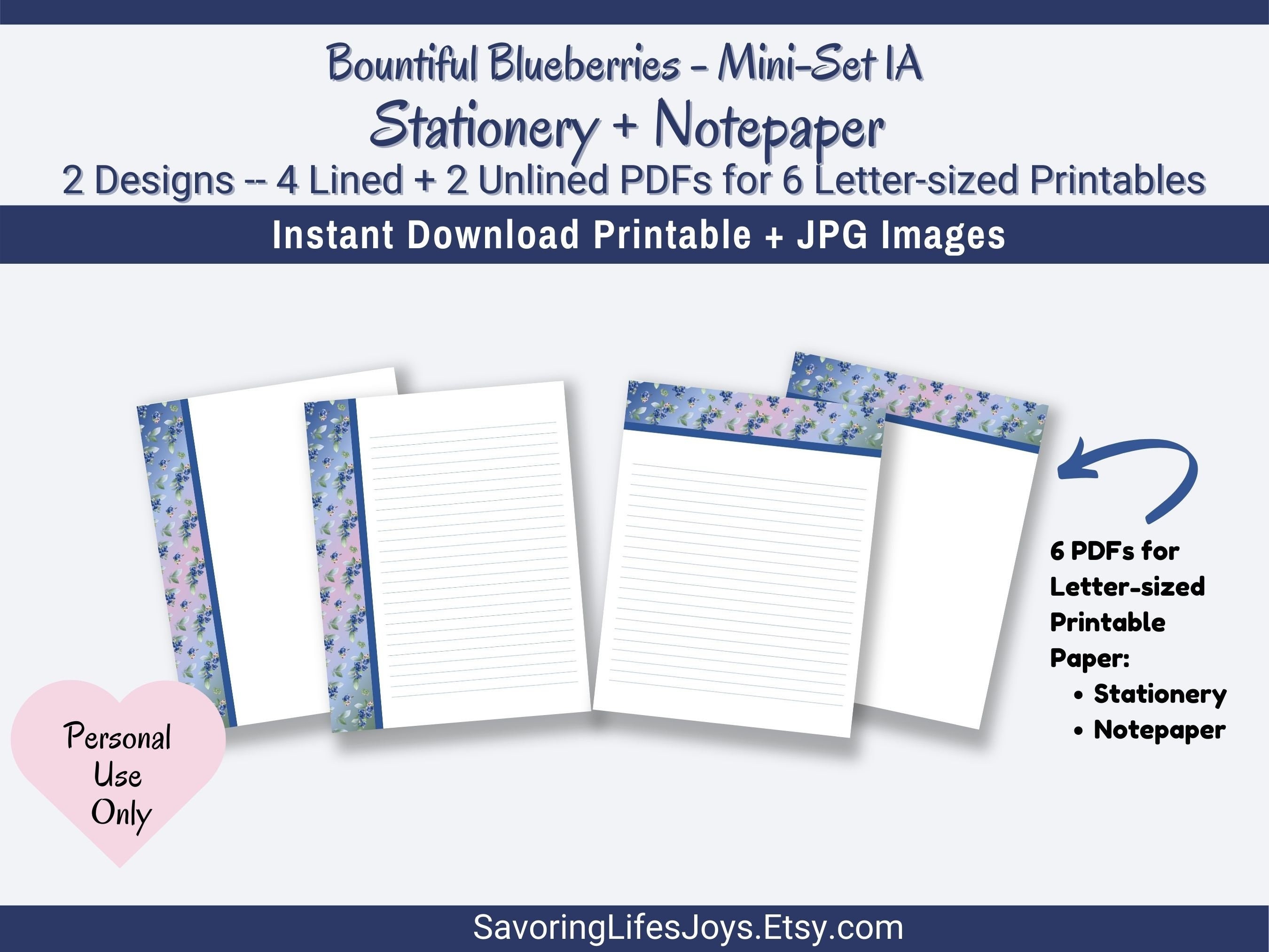 Blueberries Printable Stationery Mini-Set 1A. Lined and Unlined US Letter-sized Notepaper, Planner borders. PDF, JPEG. Instant Download.
