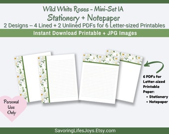 Wild White Roses Printable Stationery Mini-Set 1A. Lined + Unlined US Letter-size, Planner borders. PDF, JPEG. Instant Download.