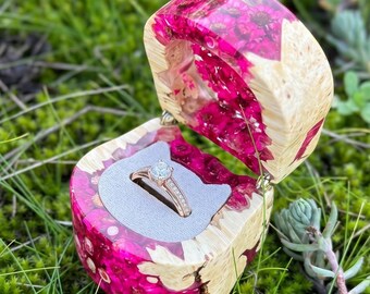 Floral ring box, pink epoxy cat engagement holder, botanical wood display