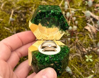 Hexagon wooden ring holder, emerald floral resin ring box, wedding bands box