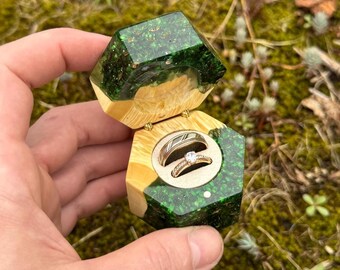 Artisan wedding ring box, wooden custom ring holder, forest theme proposal box
