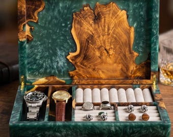 Mens jewelry box, green wood valet box, watch multi-compartment organizer, unique Father's Day gift