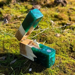 Scatola per anello di proposta verde smeraldo, scatola per anello di fidanzamento, porta anello singolo, scatola per anello tascabile, custodia per anello, scatola per momento speciale, scatola rustica in resina epossidica
