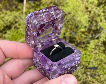 Purple flowers art epoxy engagement bridal ring box,  proposal ring box,  ring box flower nature, epoxy ring box, ring box proposal
