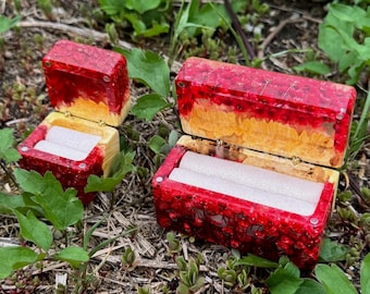 Wedding ring box set, red floral engagement case, proposal ring bearer