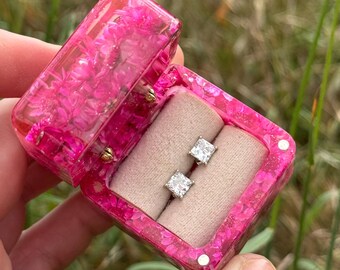 Earring storage box, stud earring holder case, pink resin floral jewelry vault