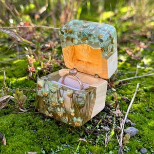 Floral wedding ring box, proposal rustic wooden box, green art proposal box, multi-ring box, ring box engagement