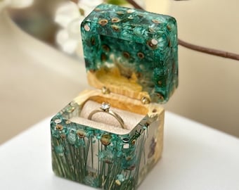 Turquoise ring box, pressed flower engagement ring holder, pocket wooden proposal box