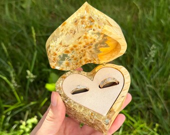 Wedding rings box, floral resin ring bearer, heart jewelry holder, unique 5th anniversary gift