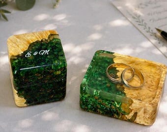 Wedding ring box and tray, green resin & wood custom jewelry set
