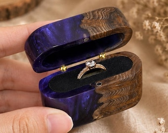 Pocket ring box, purple resin & wood slim proposal ring holder