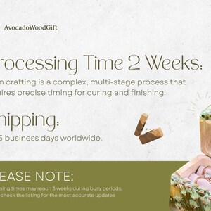 May include: A wooden ring box with a resin top, open to reveal a ring. The text "Processing Time 2 Weeks" is displayed above the text "Shipping: 10-15 business days worldwide."