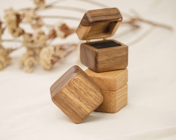 Stylish square proposal ring box, oak wood wedding box, wooden engagement ring holder, rustic wedding accessories, anniversary gift her