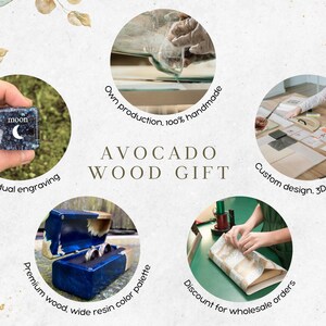 May include: An advertisement for Avocado Wood Gift. The image features a blue and black cube with a moon engraving, a blue box with rings, and a person wrapping a gift. Text includes "Individual engraving" and "Custom design, 3D modeling."