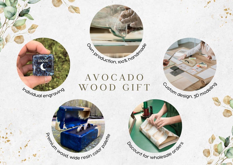 May include: An advertisement for Avocado Wood Gift. The image features a blue and black cube with a moon engraving, a blue box with rings, and a person wrapping a gift. Text includes "Individual engraving" and "Custom design, 3D modeling."