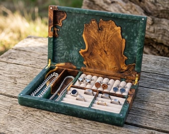 Mens ring organizer box, wood epoxy valet tray, luxury groomsmen accessory case