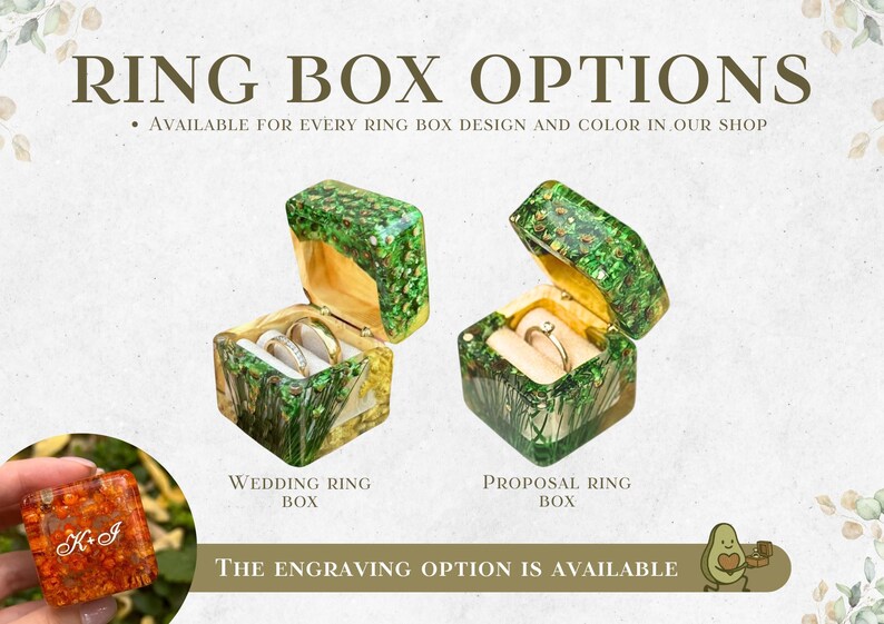 May include: Image shows two open ring boxes with gold rings inside. The boxes are green and gold with a textured design. Text reads "RING BOX OPTIONS" and "WEDDING RING BOX" and "PROPOSAL RING BOX". The engraving option is available.