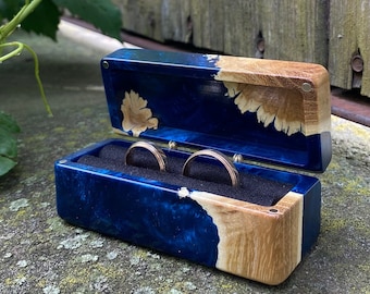 Double ring box for wedding ceremony, personalized wedding ring box, keepsake box, blue epoxy ring box, ring bearer box