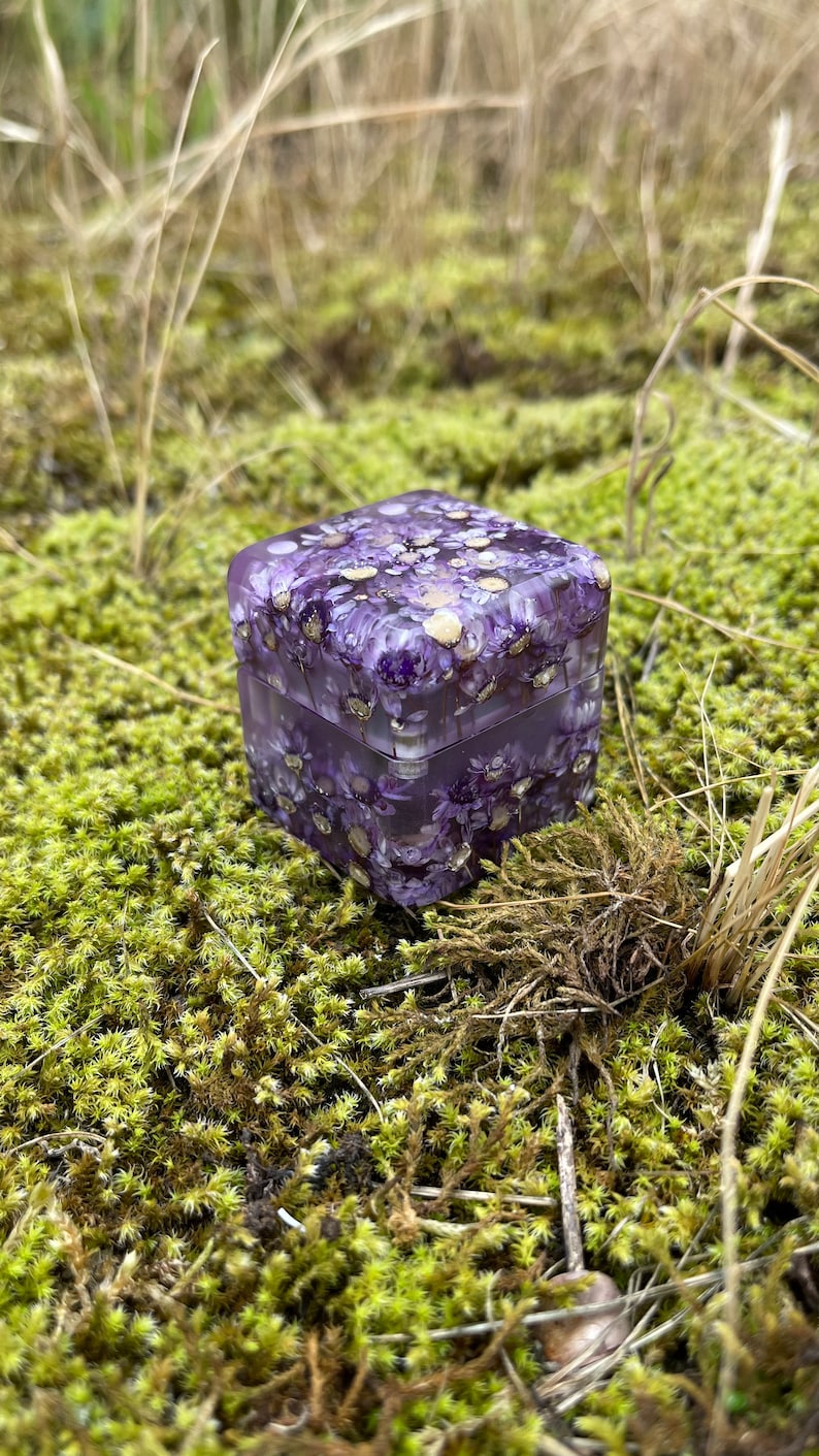 May include: A square, clear resin box filled with purple flowers and gold flecks. The box is sitting on a bed of green moss and is surrounded by dried grass.