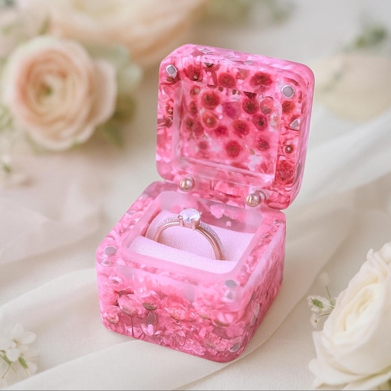 Pink Flower Single Ring Box, Engagement Ring Box, Epoxy Wedding