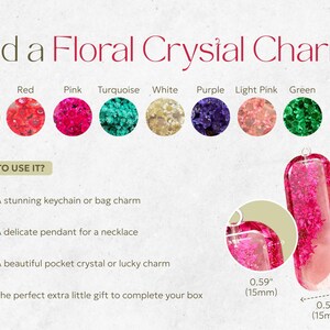 May include: A rectangular pink resin charm containing embedded floral elements, measuring 2.36 inches by 0.59 inches. The image displays eight color options: yellow, red, pink, turquoise, white, purple, light pink, and green, with text labels.