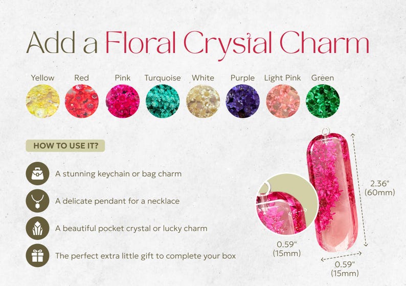 May include: A rectangular pink resin charm containing embedded floral elements, measuring 2.36 inches by 0.59 inches. The image displays eight color options: yellow, red, pink, turquoise, white, purple, light pink, and green, with text labels.