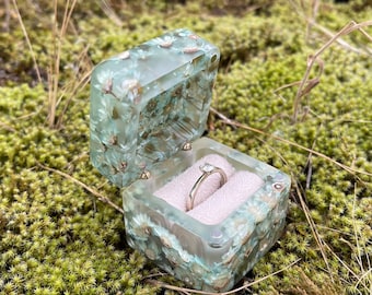 Light blue engagement ring holder with epoxy flower, proposal blue box, small engagement ring box nature, ring bearer box