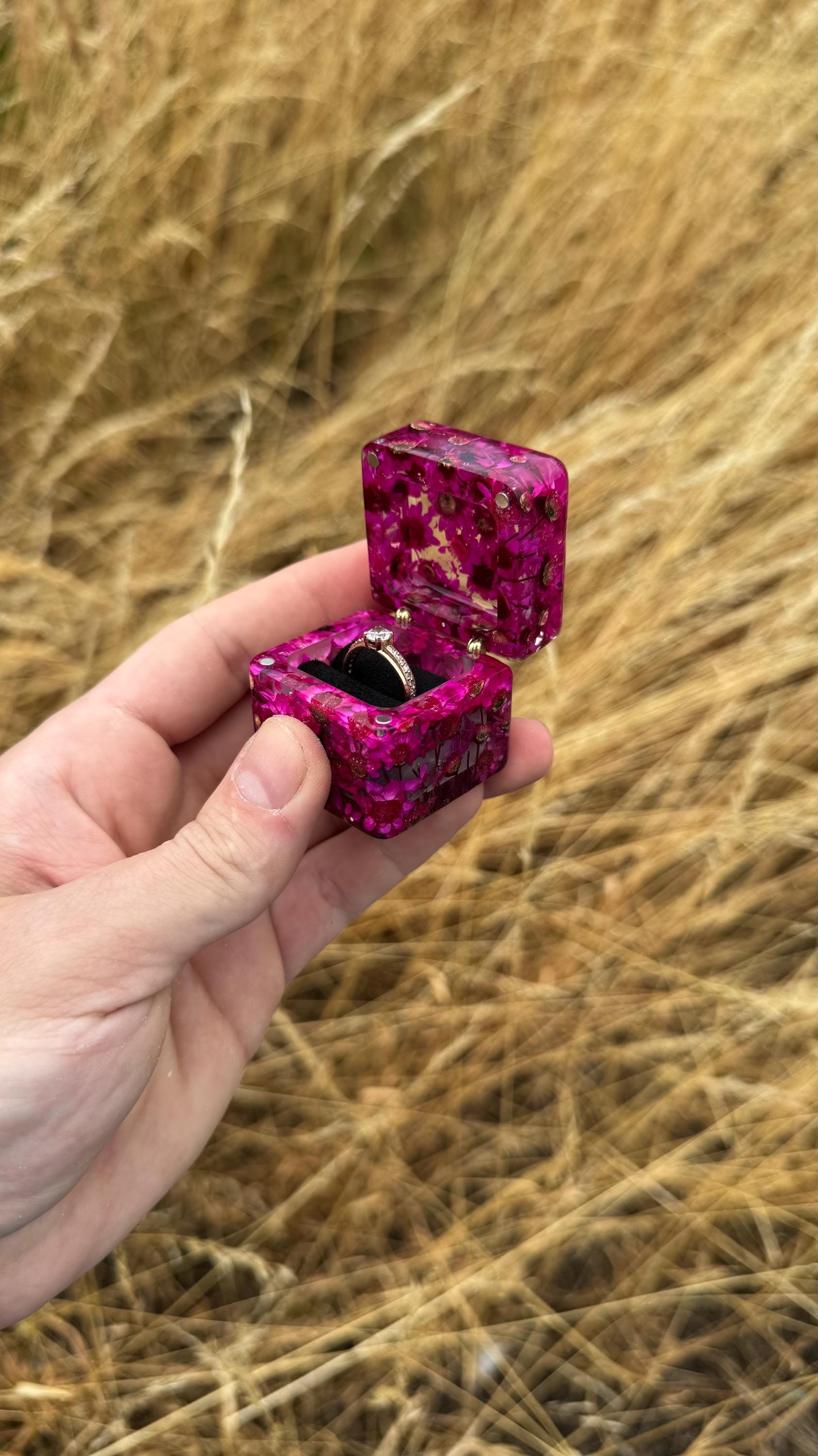Expoxy Box Pink Floral Box, Floral Epoxy Ring Case, Engagement Ring Box, Custom ...