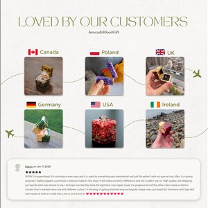 May include: A collage of six small square ring boxes in various colors including gold, purple, green, and red, featuring resin and wood construction. The text reads LOVED BY OUR CUSTOMERS, AvocadoWoodGift, and includes a customer review by Margo.