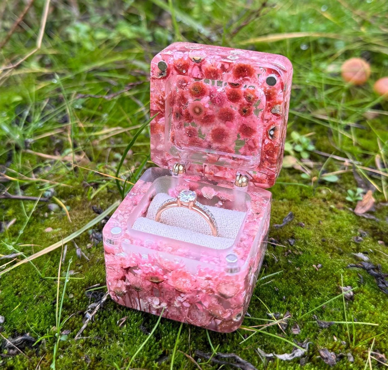 Pink Flower Single Ring Box, Engagement Ring Box, Epoxy Wedding Ring ...