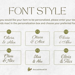 May include: A font style selection chart featuring six distinct typography options labeled F1 through F6. Each option displays the text Olivia & Alex in a unique script or serif typeface. The header reads FONT STYLE with instructions for personalization.