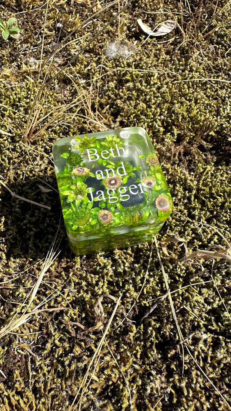 May include: A clear, square resin paperweight with the names "Beth and Jagger" in white lettering. The paperweight is filled with green plants and small, brown, flower-like accents. The background is moss and dry grass.