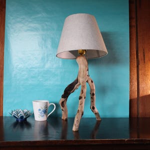 May include: A table lamp with a beige lampshade and a wooden base made from driftwood. The lamp is on a dark brown surface with a blue background.