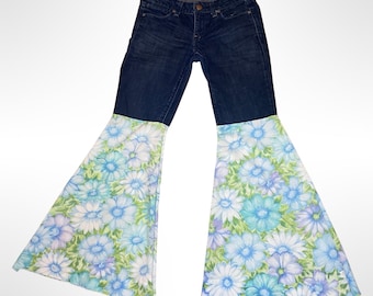 Reworked Floral Bell Bottoms, Floral Sheet Bell Bottom Jeans