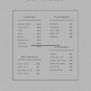 Modelo de menu de cafeteria minimalista editável | Design de menu de cafeteria moderna | Estética limpa para cafés e restaurantes | Personalizado