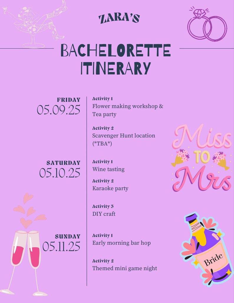 Editable Bachelorette Weekend Itinerary Template | Customizable DIY ...