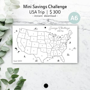 May include: A printable black and white savings challenge tracker in the shape of a map of the United States. The tracker is divided into states with numbers in each state. The text "Savings Challenge" and "USA Trip" is at the top of the tracker. The text "Goal: $300" is at the bottom of the tracker.