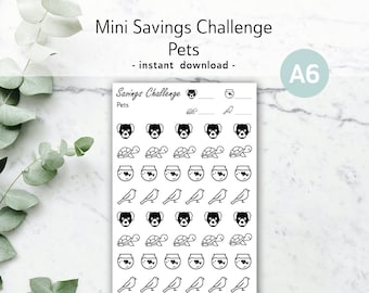 Mini-sparutmaning för husdjur A6 | digital, utskrivbar och anpassningsbar pengaspårnings-pdf | söt sparutmaning för hundar, fiskar, fåglar och sköldpaddor