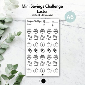 May include: A printable A6 sheet of stickers with an Easter theme. The stickers feature images of baskets of eggs, chocolate bars, bunnies, and eggs. The text "Savings Challenge Easter - instant download -" is at the top of the sheet.