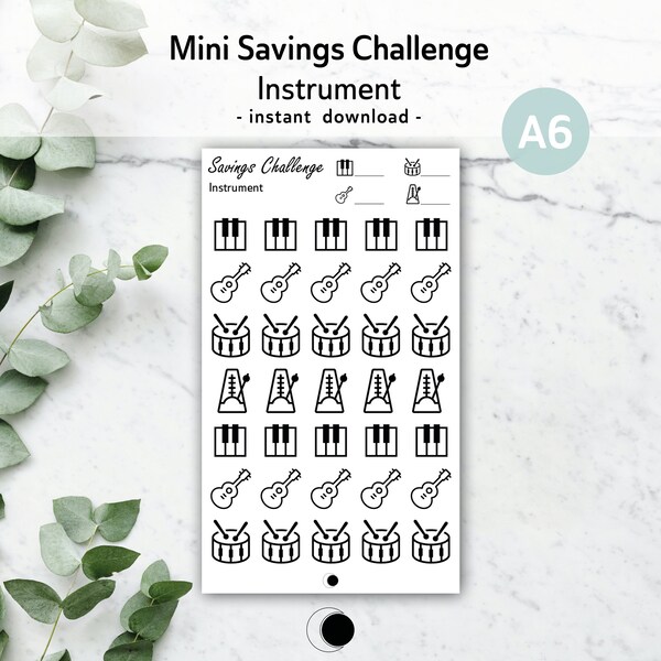 Instrument mini savings challenge A6 | printable cash money tracker for musical instruments, music lessons