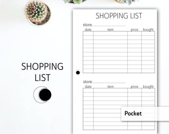 printable shopping list planner insert | downloadable shopping tracker pdf | for pocket planners