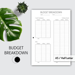 May include: A printable budget breakdown worksheet with sections for cash envelopes, bills, and sinking funds. The worksheet includes columns for category, adding, and balance. The worksheet is labeled "BUDGET BREAKDOWN" and is sized for A5 or half letter paper.