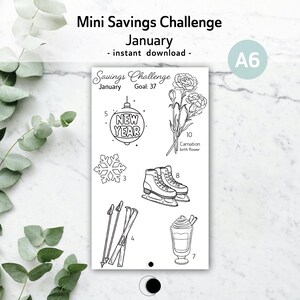 May include: Black and white printable Mini Savings Challenge for January, featuring illustrations of a snowflake, ice skates, skis, a New Year ornament, a carnation, and a beverage. The text includes "Mini Savings Challenge" and "January".