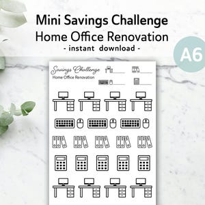 Puede incluir: Una hoja A6 imprimible con iconos en blanco y negro para un desafío de ahorro de renovación de oficina en casa. Los iconos incluyen una computadora, un teclado, un ratón, carpetas y una calculadora.