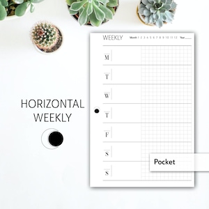 May include: A black and white printable weekly planner with a horizontal layout. The planner has a grid for each day of the week and a section for notes. The planner is labeled "Weekly" and "Pocket".
