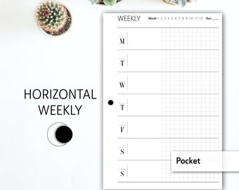 Puede incluir: Un planificador semanal imprimible en blanco y negro con un diseño horizontal. El planificador tiene una cuadrícula para cada día de la semana y una sección para notas. El planificador está etiquetado como "Semanal" y "Bolsillo".