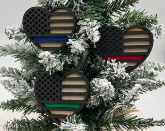 Thin Line Heart Ornament: Patriotic Car Charm, First Responder Gift