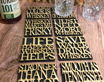 Whiskey Lover's Wooden Coaster Set - Choose a set of 2, 4, 6 or 8