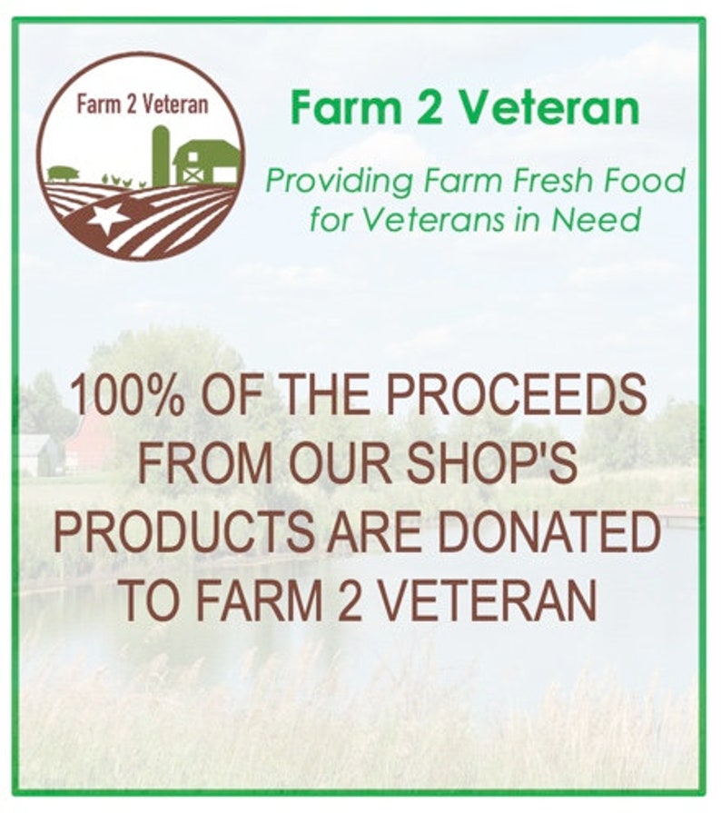 May include: A green and brown logo for Farm 2 Veteran, a non-profit organization that provides farm fresh food for veterans in need. The logo features a farm scene with a barn, a star, and the text "Farm 2 Veteran". The text "100% of the proceeds from our shop's products are donated to Farm 2 Veteran" is also visible.