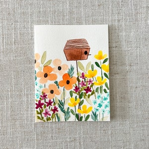 Carte originale de jardin de fleurs de nichoir aquarelle peinte à la main - papeterie toutes occasions, carte de correspondance vierge avec enveloppe, merci, anniversaire,
